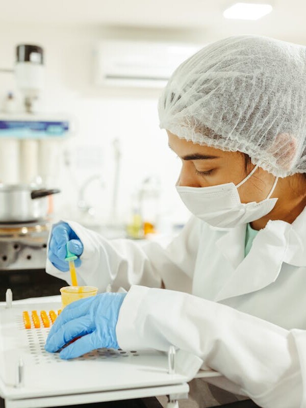 A scientist wearing protective gear performs a meticulous experiment in a laboratory setting.