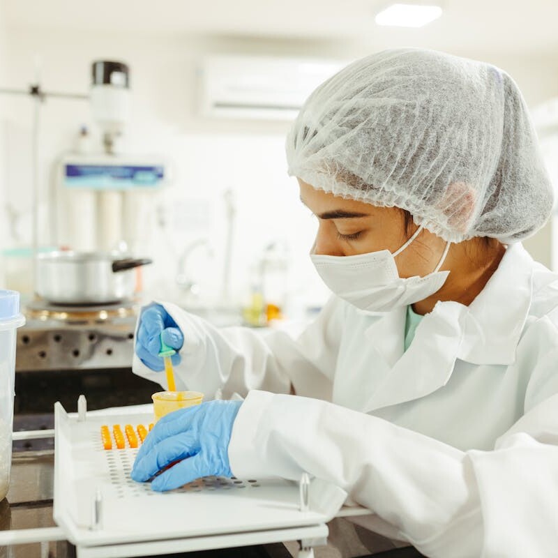 A scientist wearing protective gear performs a meticulous experiment in a laboratory setting.